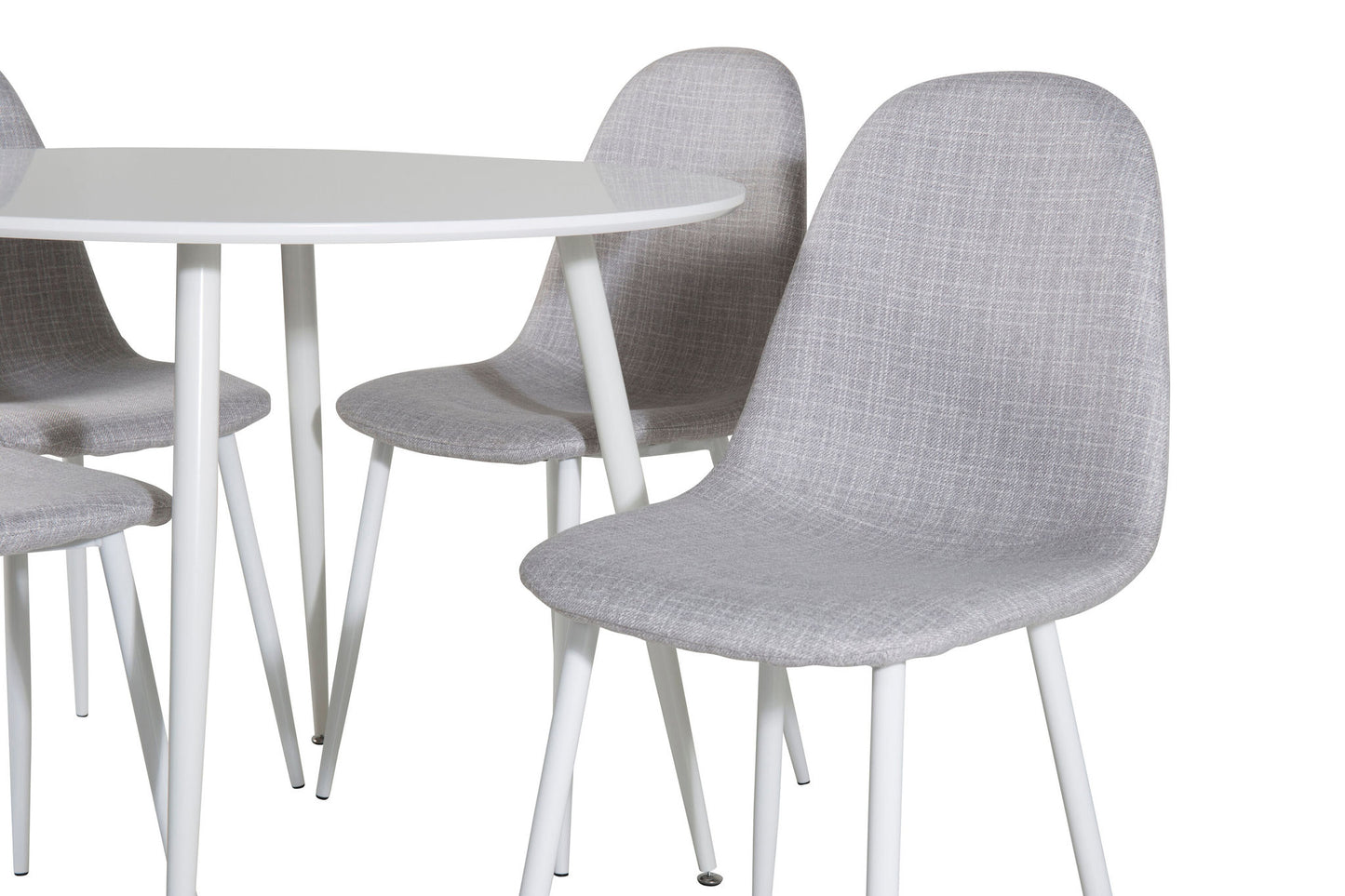 Plaza Rundt Bord 100 cm - Hvid top / Hvide ben+ Polar Spisebordsstol - Hvide ben - Lysegråt stof