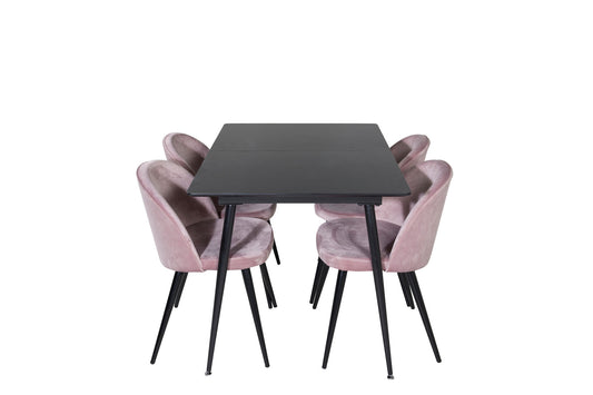 Silar - Bord m. udtræk - Sort Melami / Sorte ben+ velour Spisebordsstol - Pink / Sort