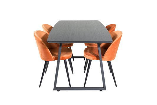 Inca - Bord med forlængelse - Sort top / sort ben+ velour Spisebordsstol - Orange / Sort