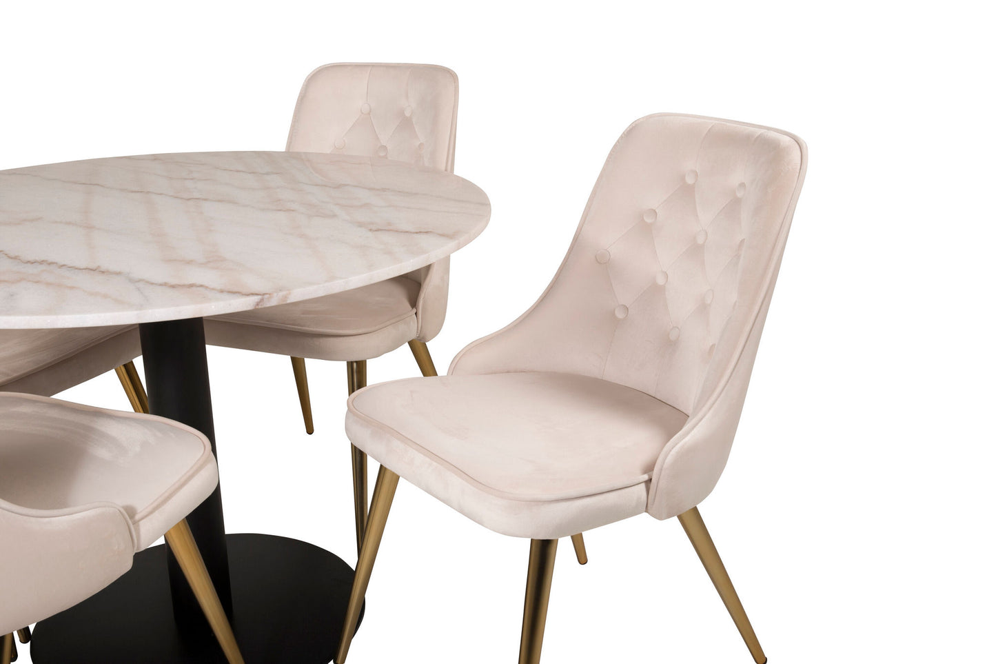 Estelle rundt Spisebord - Sort / Hvid marmor - ø106*H75+ velour Deluxe Spisebordsstol - Ben af børstet messig / Beige velour