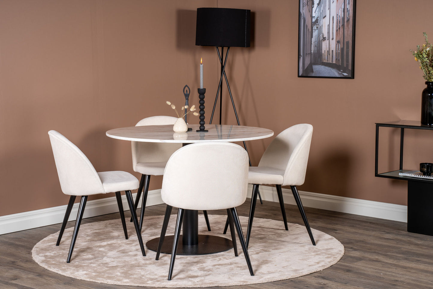 Estelle rundt Spisebord - Sort / Hvid marmor - ø106*H75+ velour Spisebordsstol - Bla