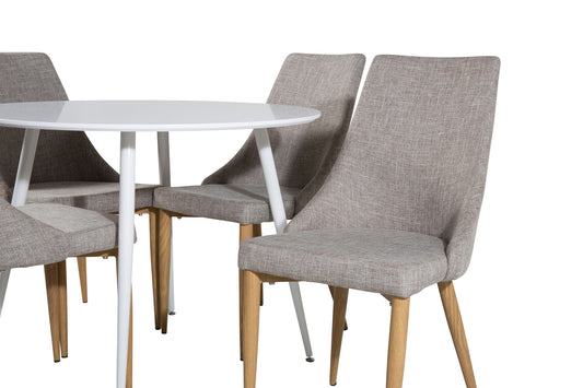 Plaza Rundt Bord 100 cm - Hvid top / Hvide ben+Leone Spisebordsstol - Lysegrå / Eg