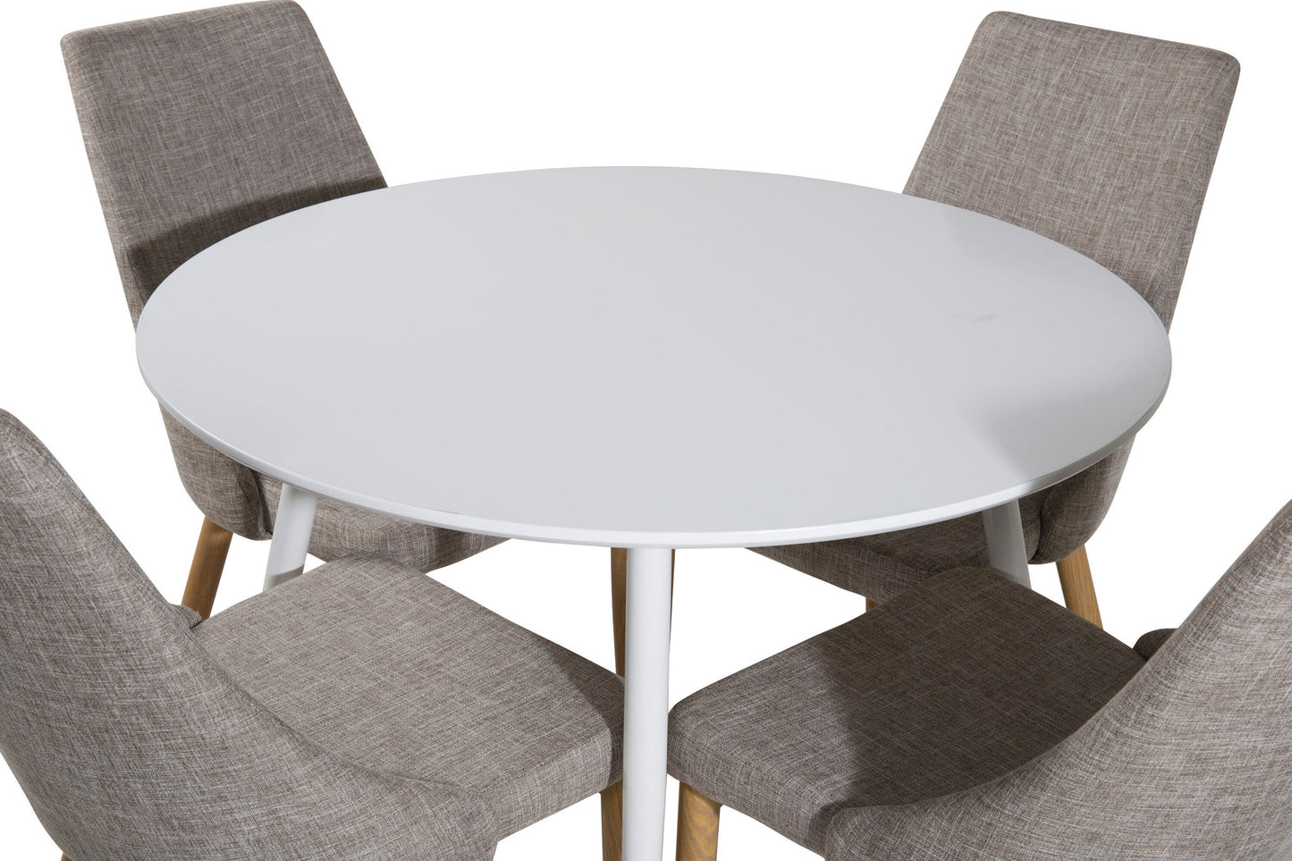 Plaza Rundt Bord 100 cm - Hvid top / Hvide ben+Leone Spisebordsstol - Lysegrå / Eg