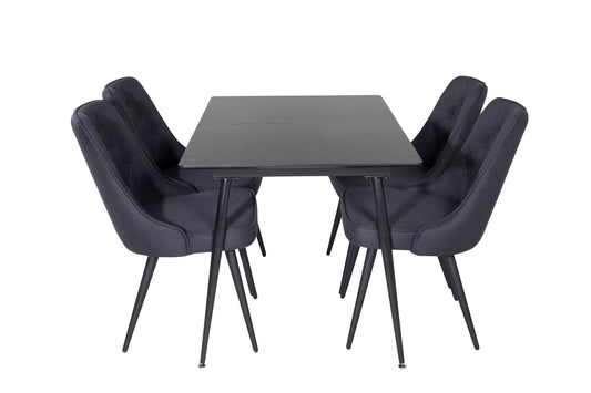 Silar - Bord m. udtræk - Sort Melami / Sorte ben+ velour Deluxe Spisebordsstol - Sorte ben - Sort Stof