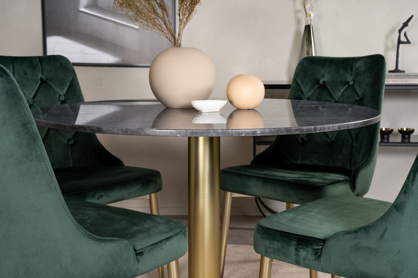 Estelle rundt Spisebord - Borstad Mässig / Sort marmor - ø106*H75+ velour Lyx Spisebordsstol - Mat Mässig / Mossgrön Sammet