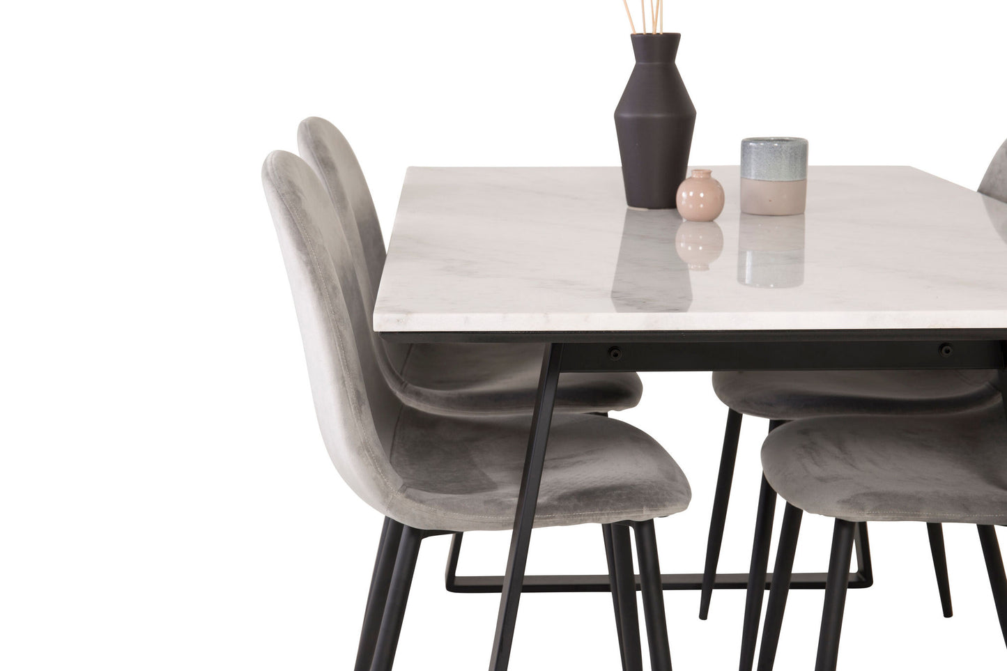 Estelle - Spisebord, 140*90 - Hvid Marmor / Sorte ben+ Polar Spisebordsstol - Sorte ben / Lysegrå velour