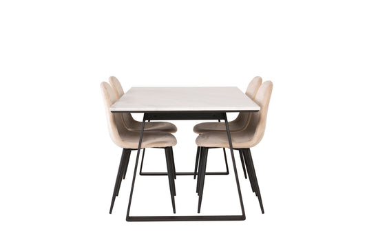 Estelle - Spisebord, 140*90 - Hvid Marmor / Sorte ben+ Polar Spisebordsstol - Sorte ben / Beige velour