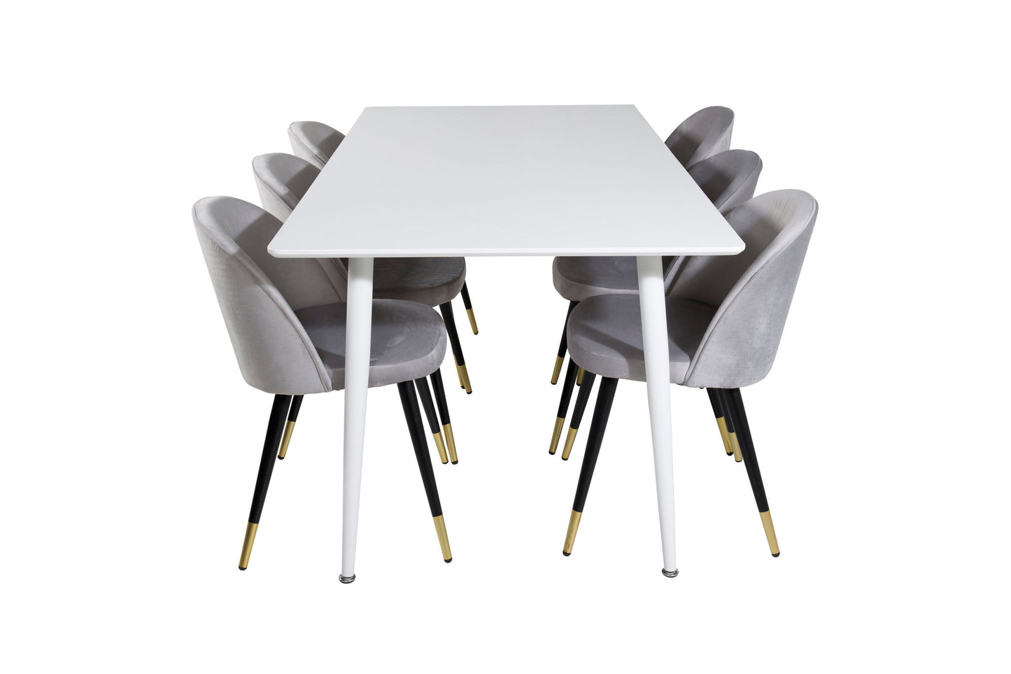 Polar Spisebord 180 cm - Hvid top / Hvide ben+ velour Spisebordsstol Messing - Lysegrå / Sort