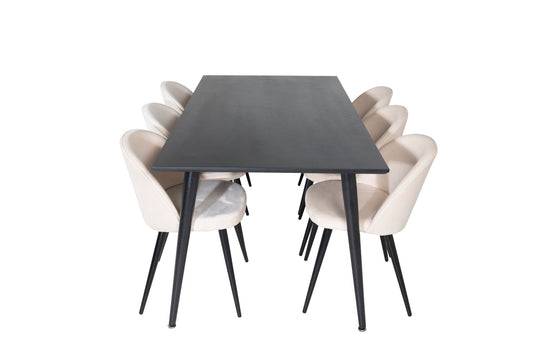 Dipp - Spisebord, 180*90cm - Sort finér / helt sorte ben + velour Spisebordsstol - Beige / Sort