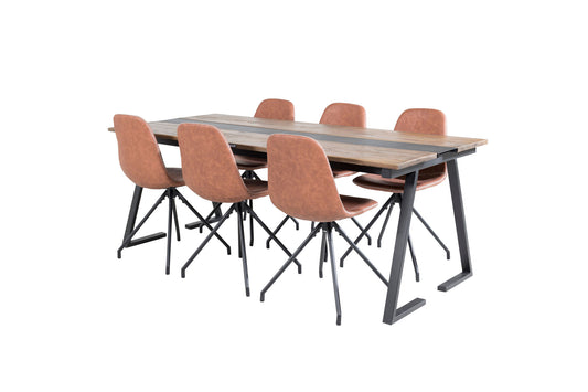 Jakarta - Spisebord, 200*90*H75 - Mørk Teak / Sort+ Polar Spisebordsstol med Spi function - sort ben - Brun PU - Hvide syninger