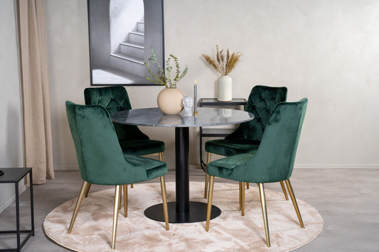 Estelle rundt Spisebord - Sort marmor - ø106*H75+ velour Lyx Spisebordsstol - Mat Mässig / Mossgrön Sammet
