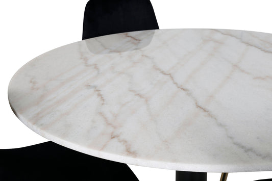 Estelle - Spisebord, rund 106cm Hvid marble / Sorte ben - Polar Stol - Sort velour / Mat messing ben 4