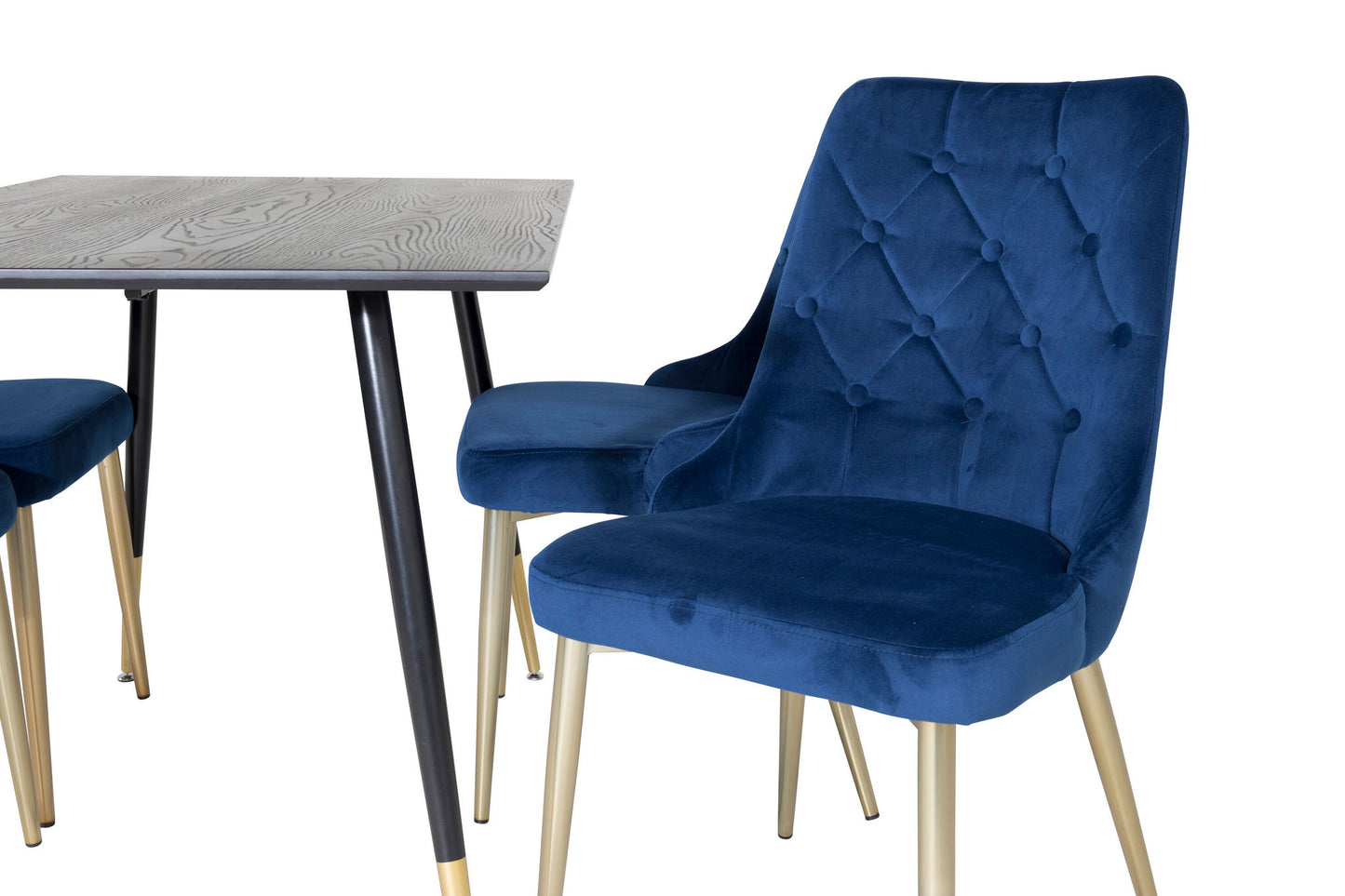 Dipp - Spisebord, 120 cm - Sort finér - Sorte ben m. Messing dipp+ velour Deluxe Spisebordsstol - Blå / Messing