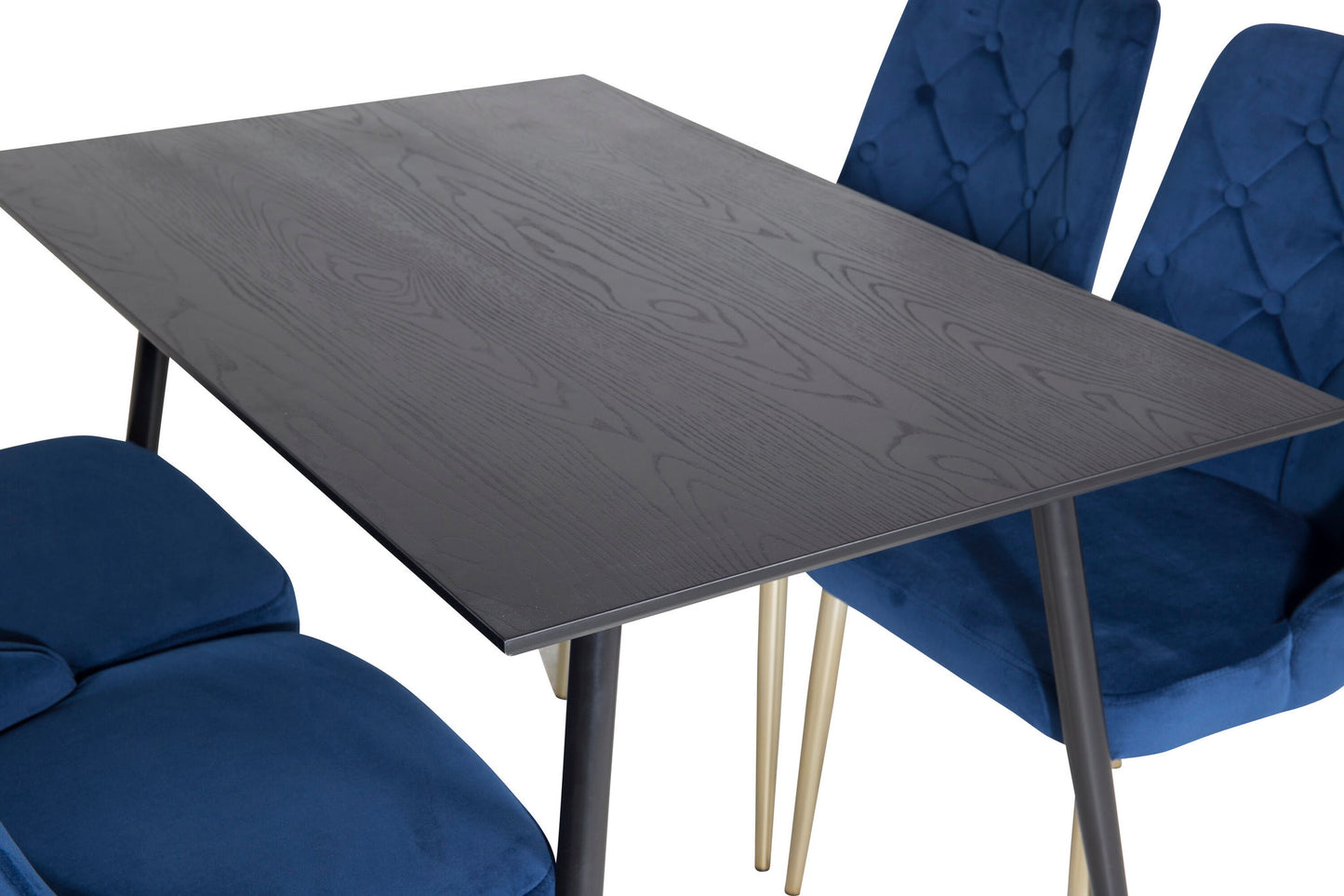 Dipp - Spisebord, 120 cm - Sort finér - Sorte ben m. Messing dipp+ velour Deluxe Spisebordsstol - Blå / Messing
