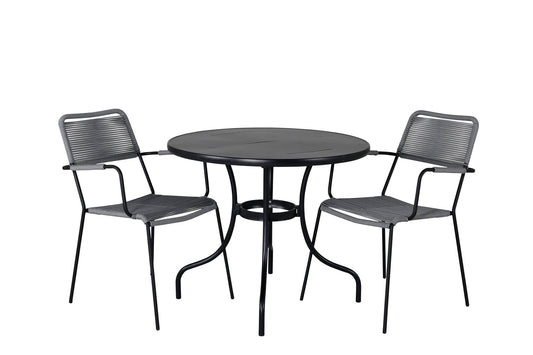 Nicke - Spisebord, Sort Stål - ø90cm+Lidos Stol m. armlæn - Sort Alu / Grå Reb