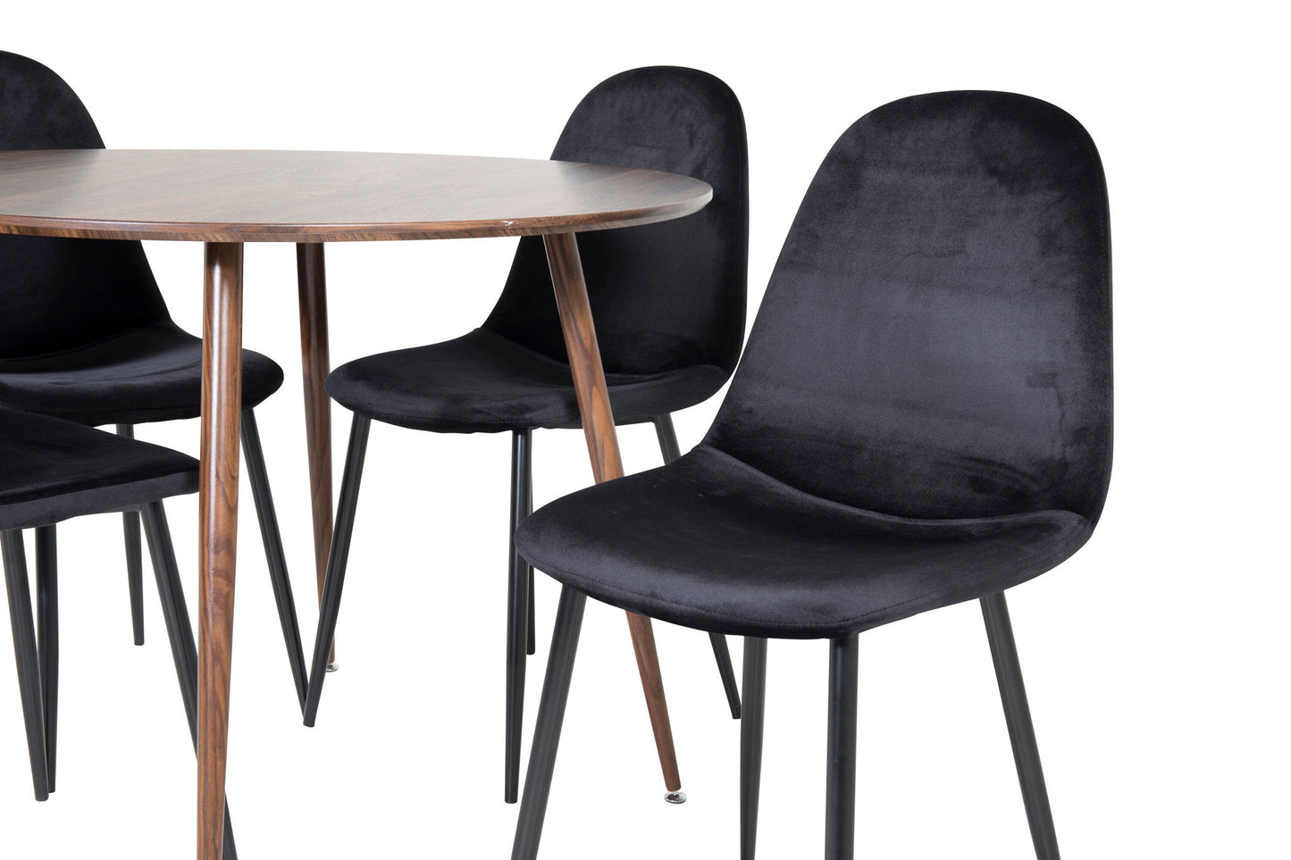 Plaza - Rundt spisebord 100 cm - Valnød top - Valnød ben+ Polar Spisebordsstol - Sorte ben / Sort velour