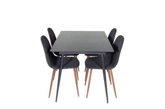 Silar - Bord m. udtræk - Sort Melami / Sorte ben+ Polar Spisebordsstol - Valnød ben - Sort Stof