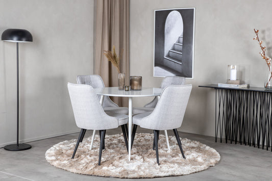 Plaza Rundt Bord 100 cm - Hvid top / Hvide ben+ velour Deluxe Spisebordsstol - Sorte ben - Lysegråt stof