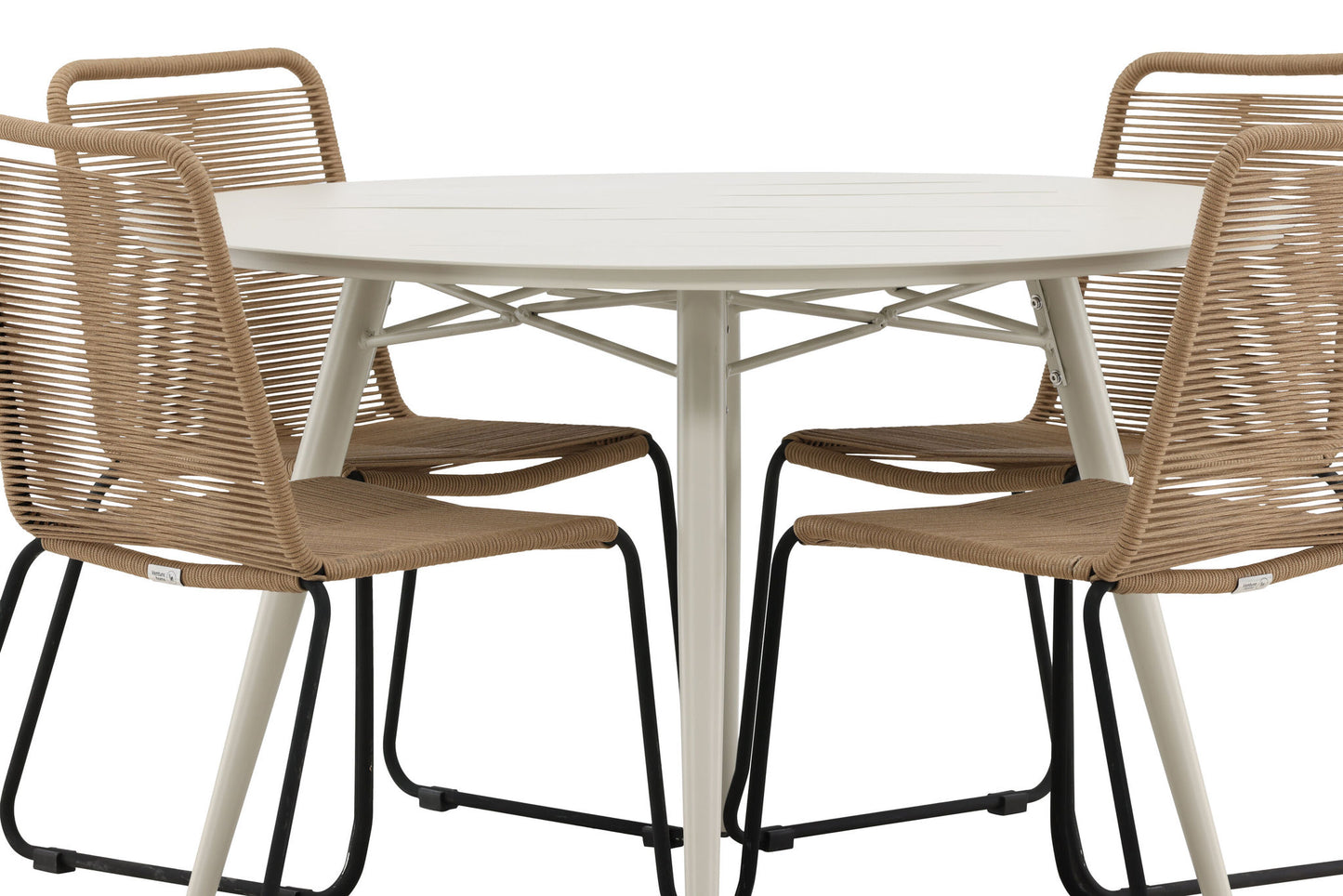 Lia - Spisebord, Beige - Rundt 120 cm- Lidos Stabelbar stol - Sort Alu / Latte Reb