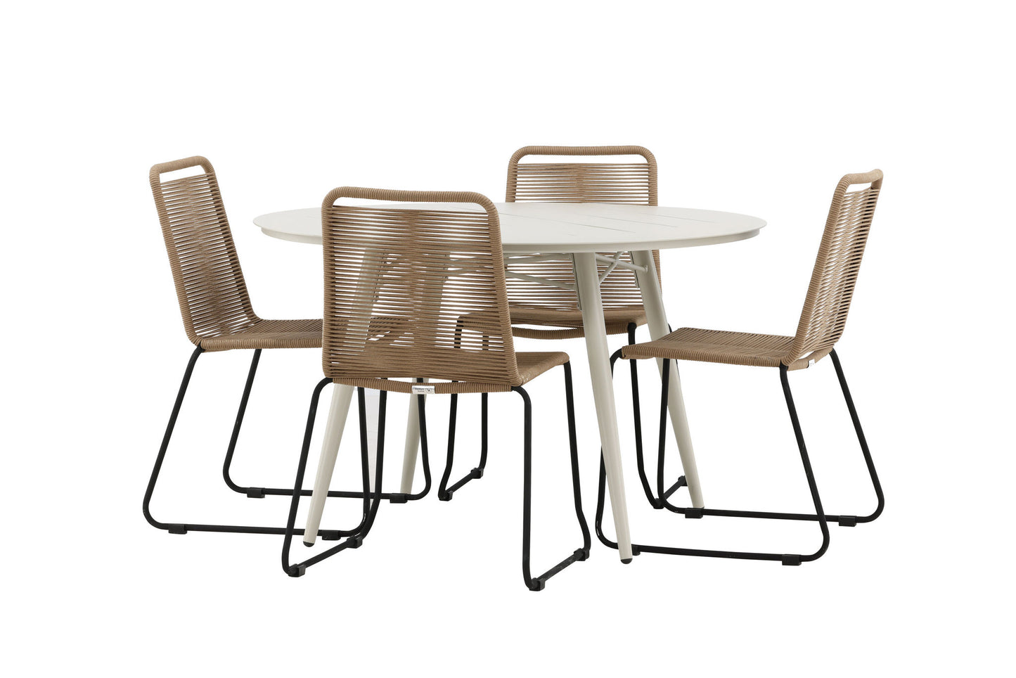 Lia - Spisebord, Beige - Rundt 120 cm- Lidos Stabelbar stol - Sort Alu / Latte Reb