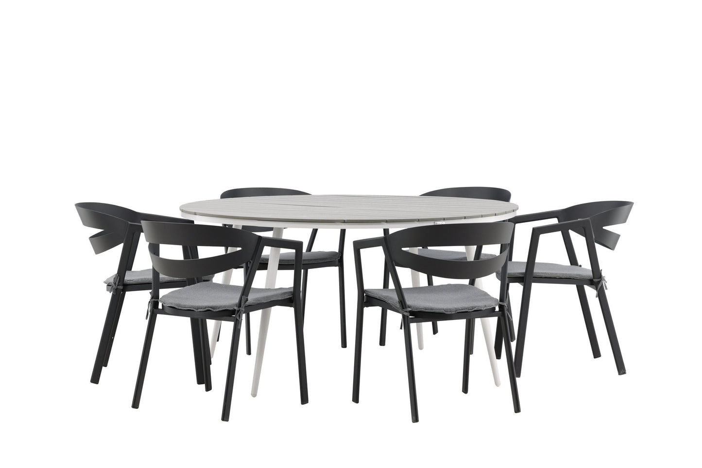 Break - Spisebord, Rundt - Hvid / Grå - Alu / Nonwood - 150ø Slit - Spisebordsstol inkl. hynde - Sort /Grå - Aluminium