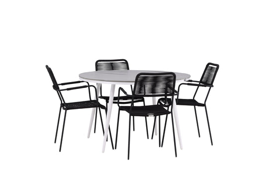 Break - Spisebord, Rundt - Hvid / Grå - Alu / Nonwood - 120ø Lidos Stol m. armlæn - Sort Alu / Sort Reb