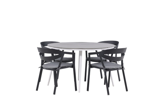 Break - Spisebord, Rundt - Hvid / Grå - Alu / Nonwood - 120ø Slit - Spisebordsstol inkl. hynde - Sort /Grå - Aluminium -