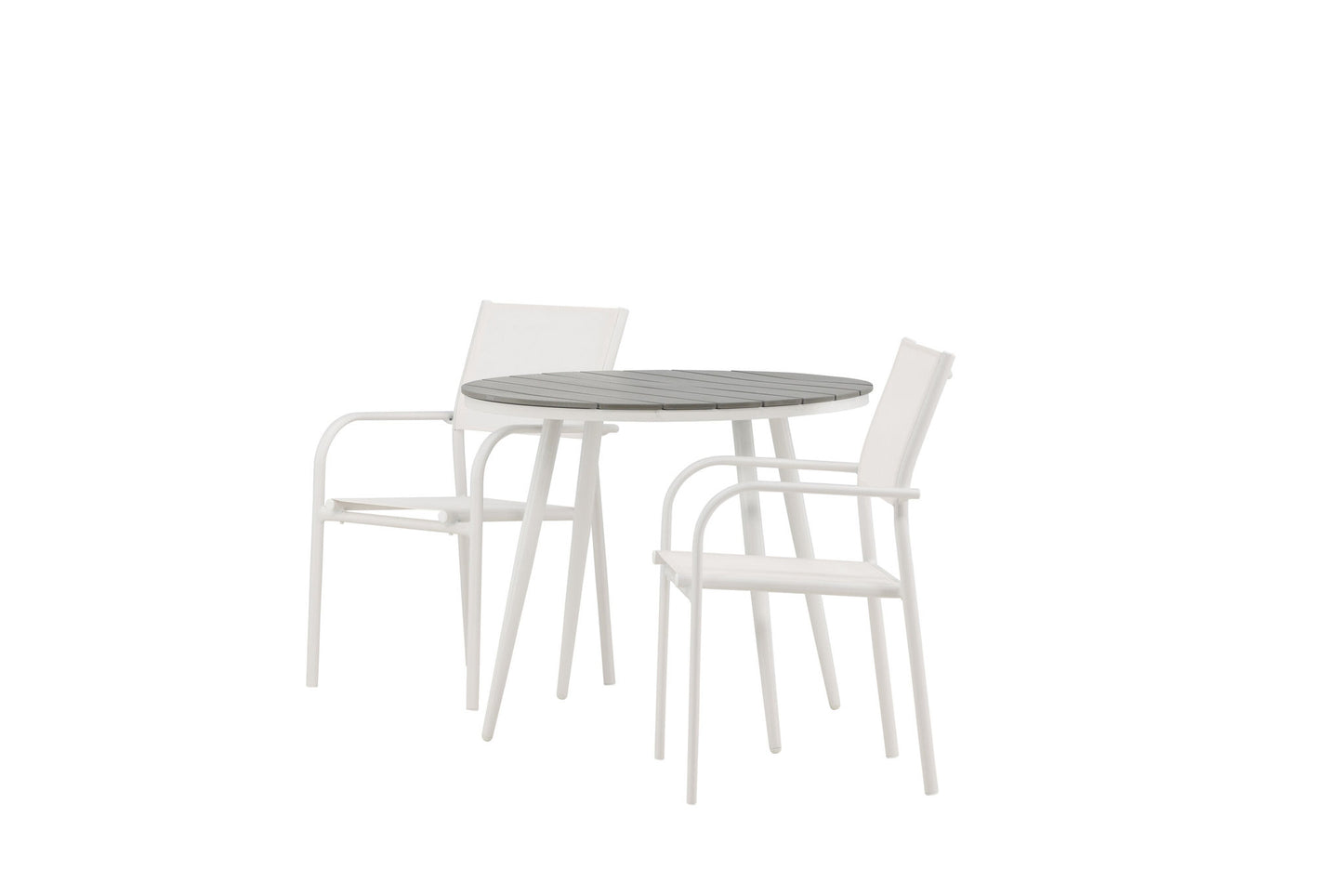 Break - Spisebord, Rundt - Hvid / Grå - Alu / Nonwood - 90ø Santorini Stol m. armlæn (Stabelbar) - Hvid Alu / Hvid Tekstil