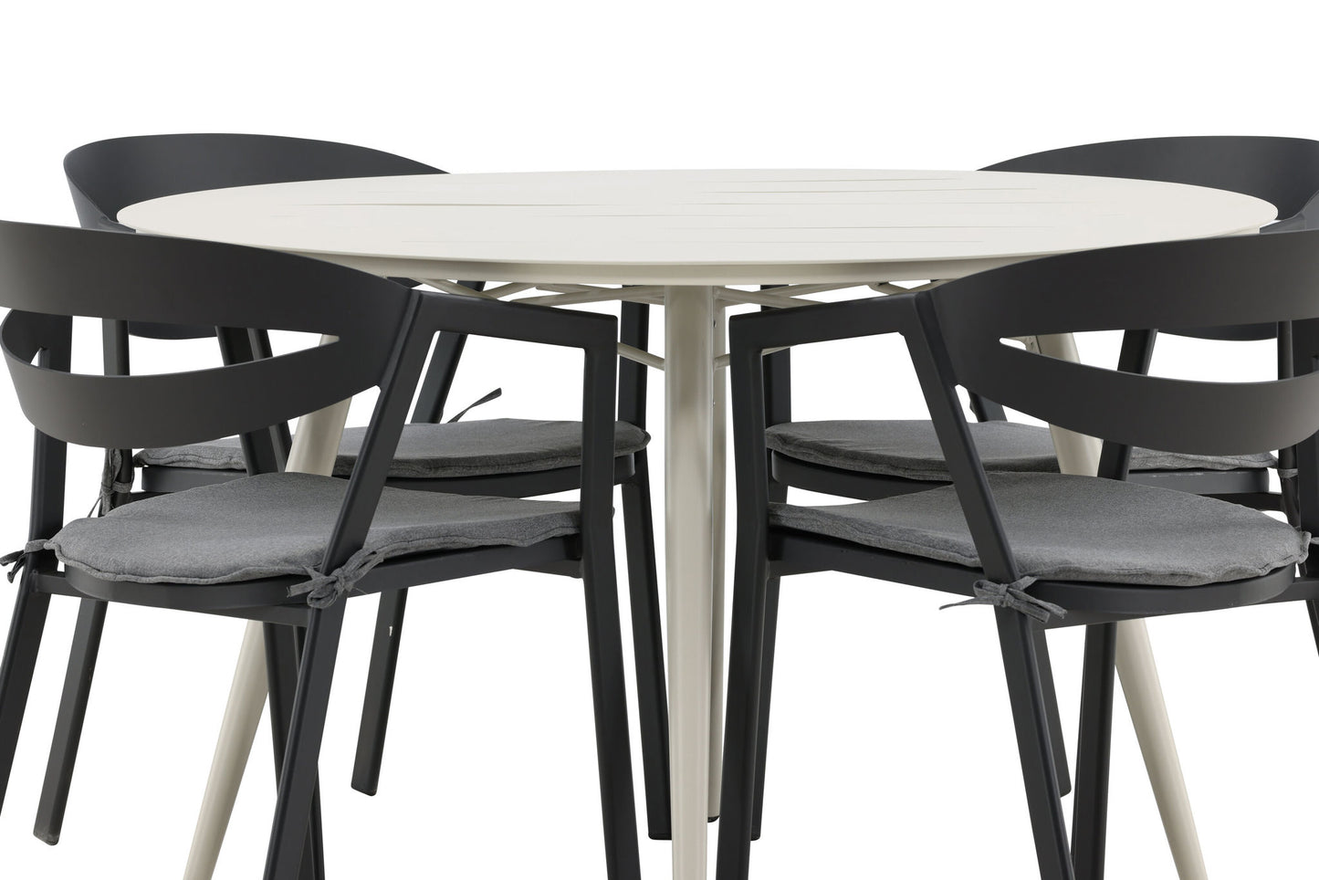 Lia - Spisebord, Beige - Rundt 120 cm Slit - Spisebordsstol inkl. hynde - Sort /Grå - Aluminium