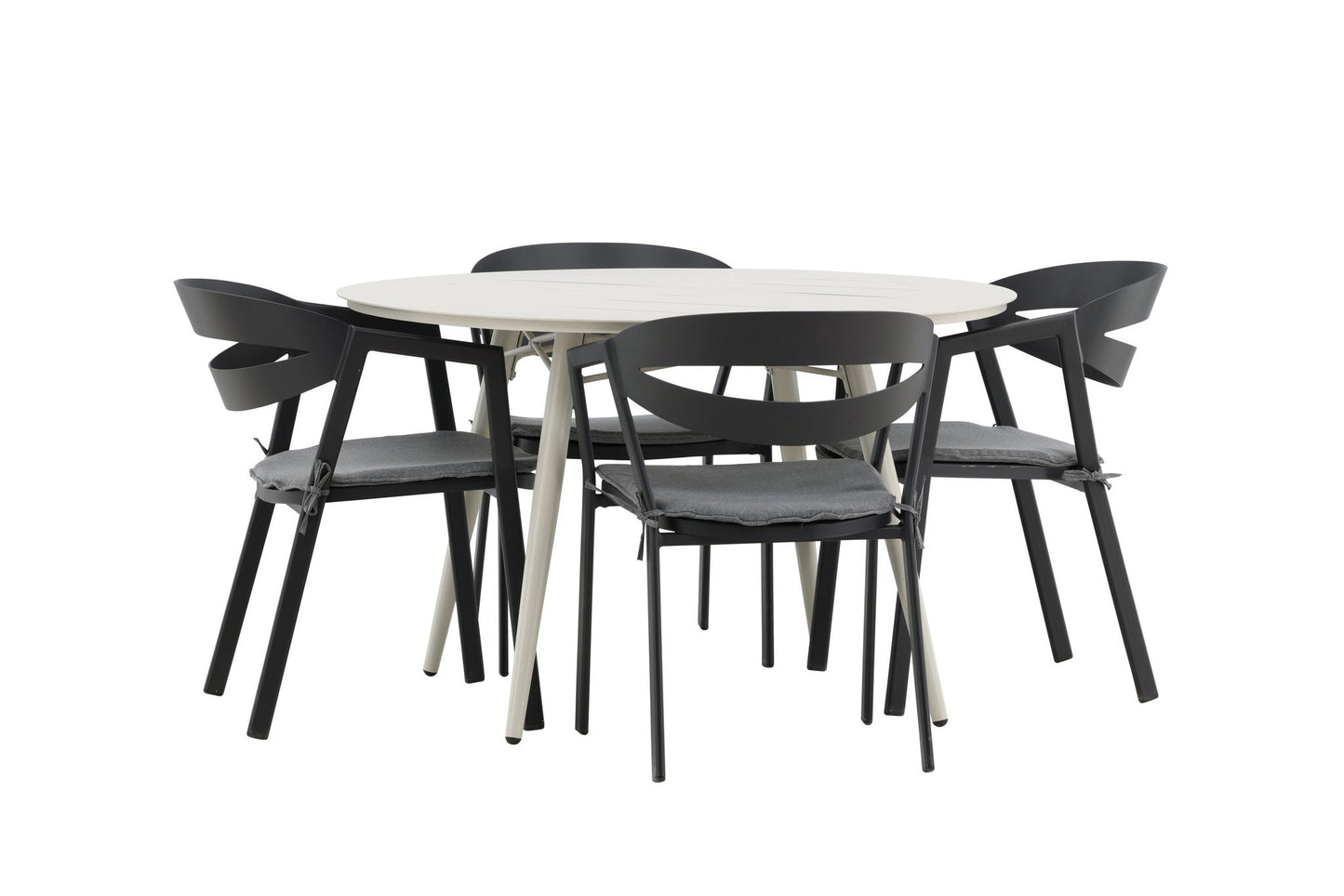 Lia - Spisebord, Beige - Rundt 120 cm Slit - Spisebordsstol inkl. hynde - Sort /Grå - Aluminium