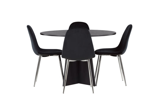 Bootcut rundt spisebord - sort / sort fanéer +polær spisestol - sort fløjl / krom _4