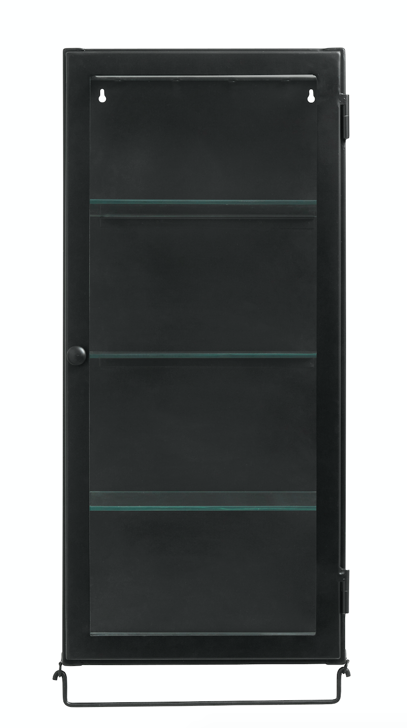 Metall väggskåp med glas hyllor - 66x30 - svart