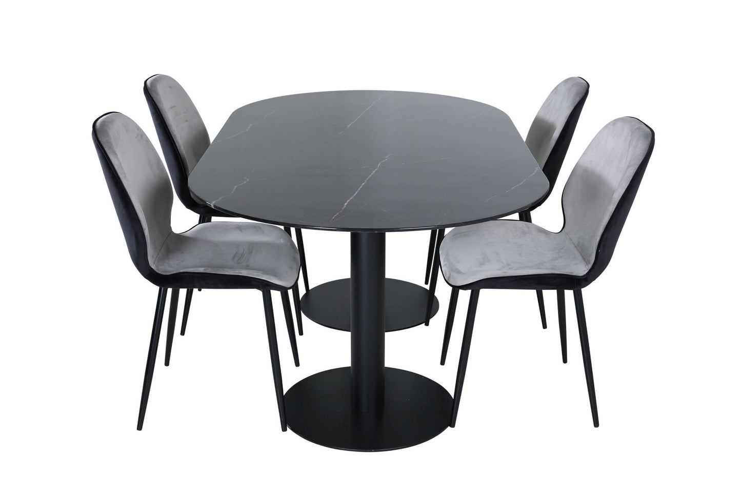 Pillan - Ovalt spisebord, Sort glas Marmor+Emma Stol, Sort og Lysegrå Sort velour i Back Grå velour i front