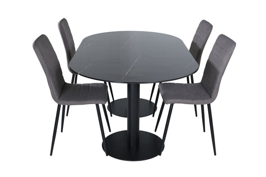 Pillan - Ovalt spisebord, Sort glas Marmor+Widu Lyx Stol, Sort Grå mikrofiber