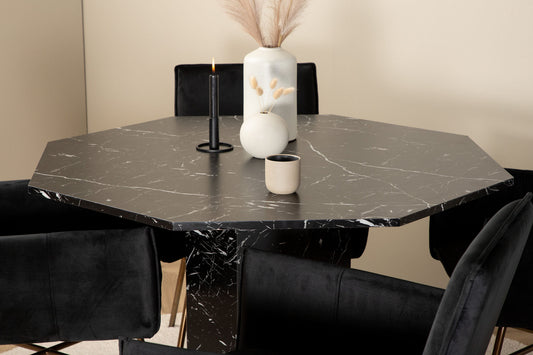 Marbs - Rundt spisebord, Sort glas Marmor+ Petra Stol - Distressed Kobber / Sort velour