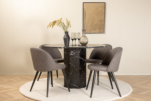 Marbs - Rundt spisebord, Sort glas Marmor+ velour syninger Stol - Sort / Grå mikrofiber