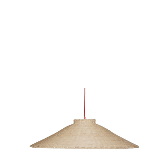 Stor taklampa i trapetsform med röd tygsladd.