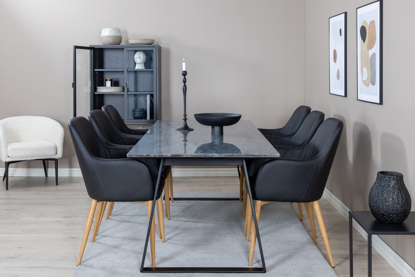 Estelle Spisebord 200*90 Grå marmor / sorte ben +komfort - Spisestol 2 -pakke - sort / sort _6