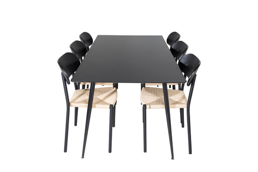 Silar spisebord - 180 cm - sort melamin / sorte ben +polly stål spisestol 2 -pakke, k / d, sort baglys sæde _6