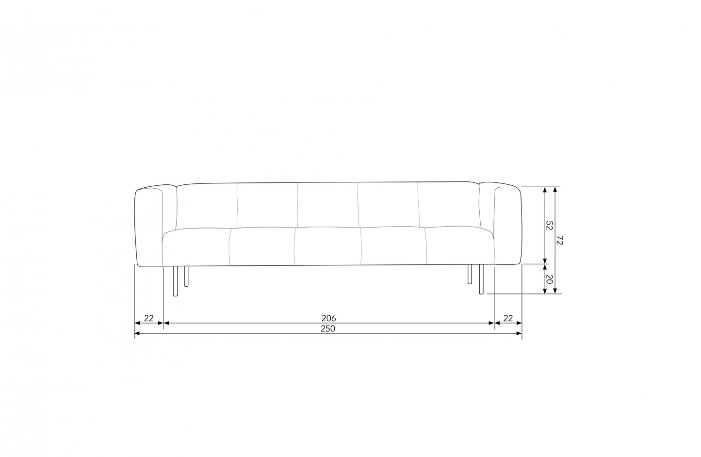 den vtwon | Skin - 4-personers soffa, 250 Cm Tyg Askgrå