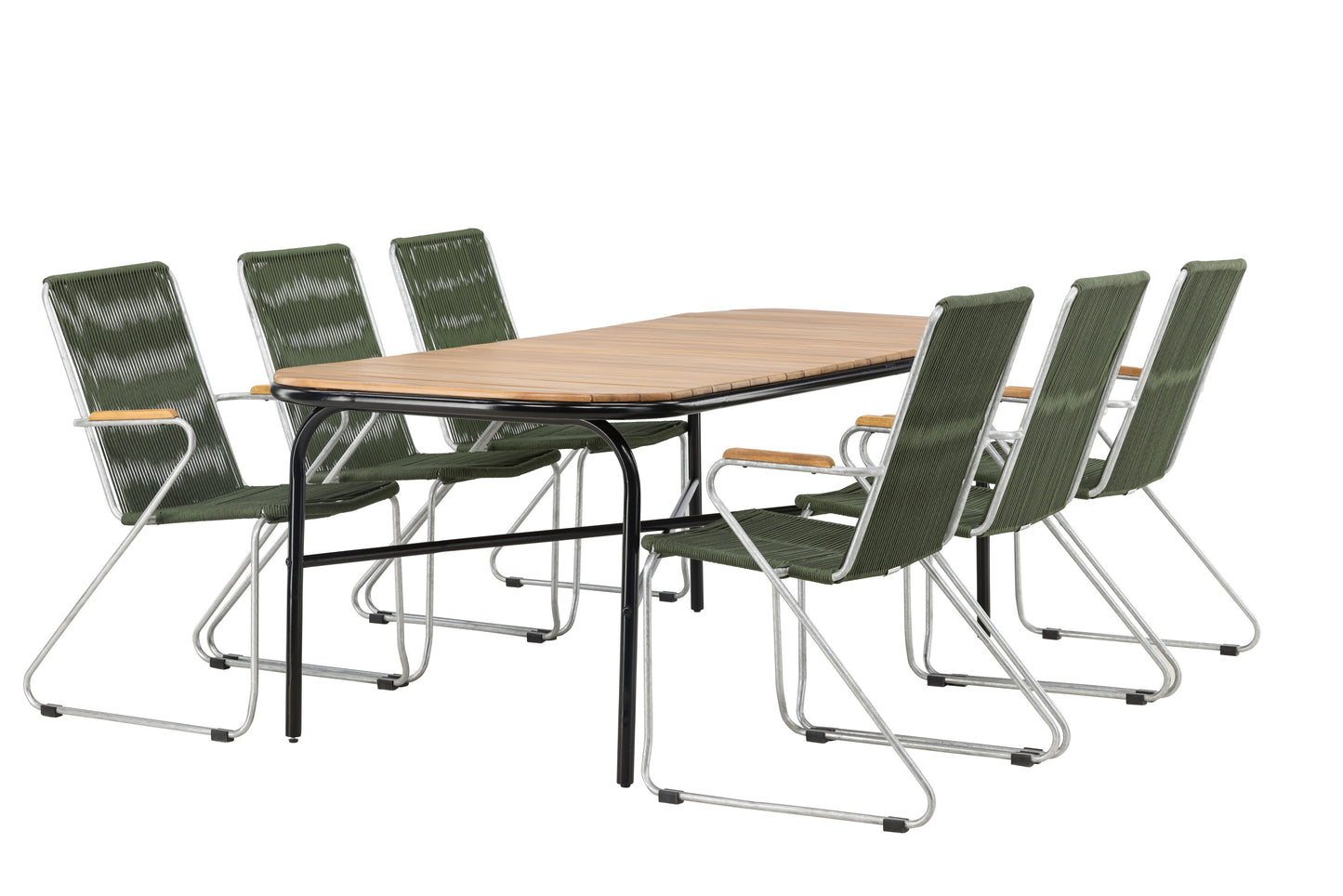 Holmbeck - Spisebord, Stål - Sort / Rektangulær 90*200*75 + Bois stol Stål - Sølv / Grønt Reb