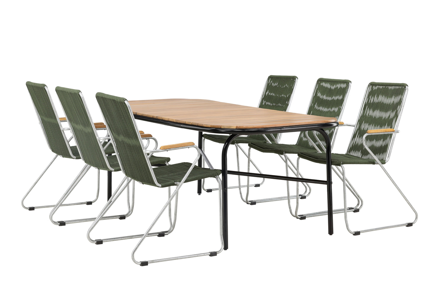Holmbeck - Spisebord, Stål - Sort / Rektangulær 90*200*75 + Bois stol Stål - Sølv / Grønt Reb